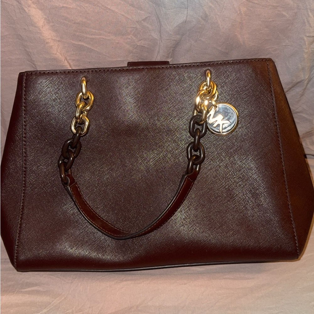 Michael Kors Dark Brown Saffiano Satchel with Gold Chain Accents